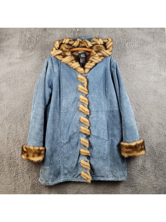 dennis basso Jackets & Blazers - VTG 90's Boho Western Blue Suede Leather Faux Fur Lined Size Large Hooded Luxe